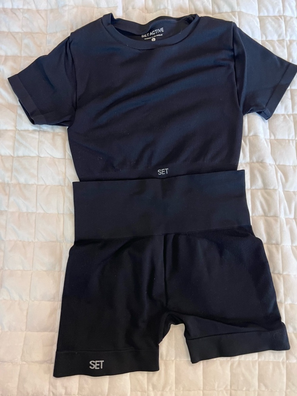 SET Active Black Ribbed Crop Top & High-Waist Bike Shorts Set